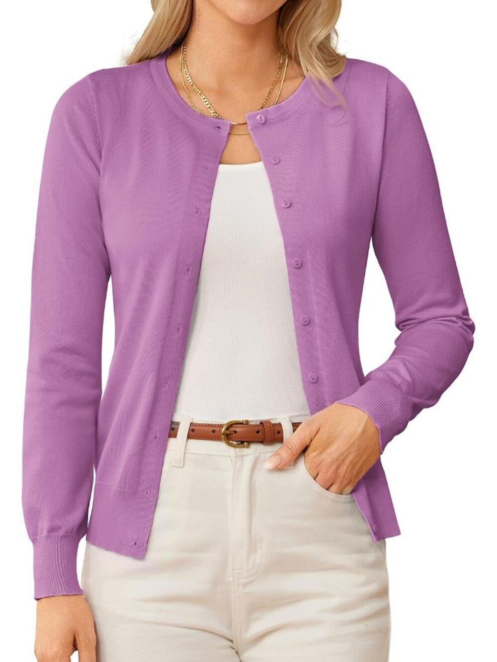 🆕Women's Light Purple Crew-neck Knit Cardigan Sweater Lightweight Button Up